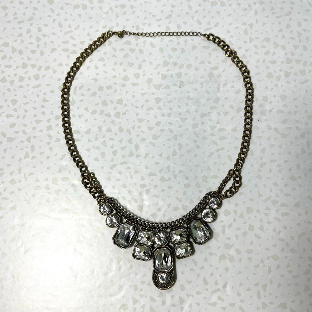 Brass Tone Faux Crystal Rhinestone Statement Collar Bib Necklace